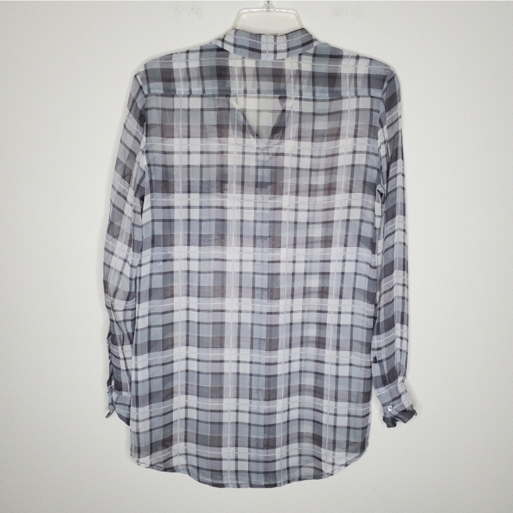 Aritzia Babaton Darien Gray Plaid Print Silk Button Front Long Sleeve Blouse Top - Picture 5 of 9